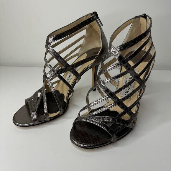 Jimmy Choo Cage Strappy Silver Snake Print Heels 36 - Picture 2 of 12